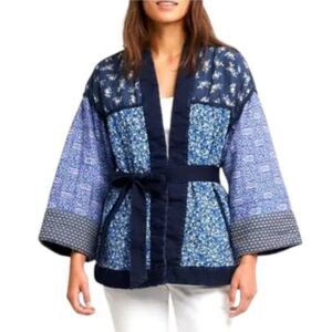 GAP Blue Floral Patchwork Quilted Kimono Wrap Jacket Sz M Grandmacore Boho Chic